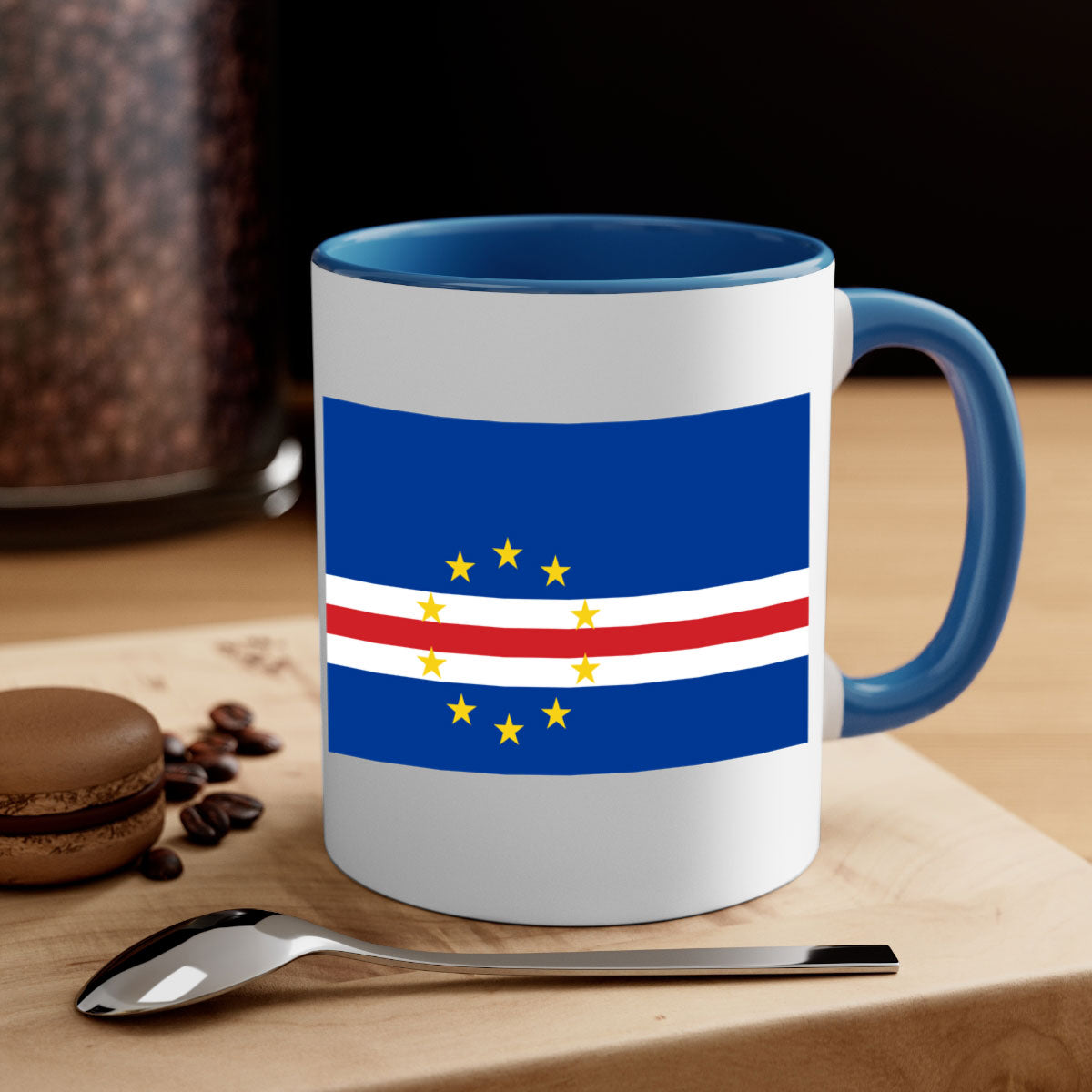 Cabo Verde 169# Mug featuring a glossy finish with a colorful handle and interior, available in multiple sizes.